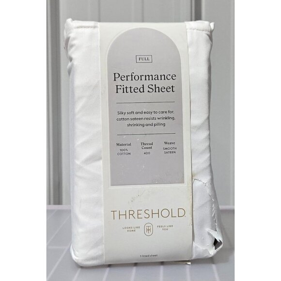 Threshold Full Size 100% Cotton Sateen Classic White Fitted Sheet Fits Up to 18" - Picture 1 of 6